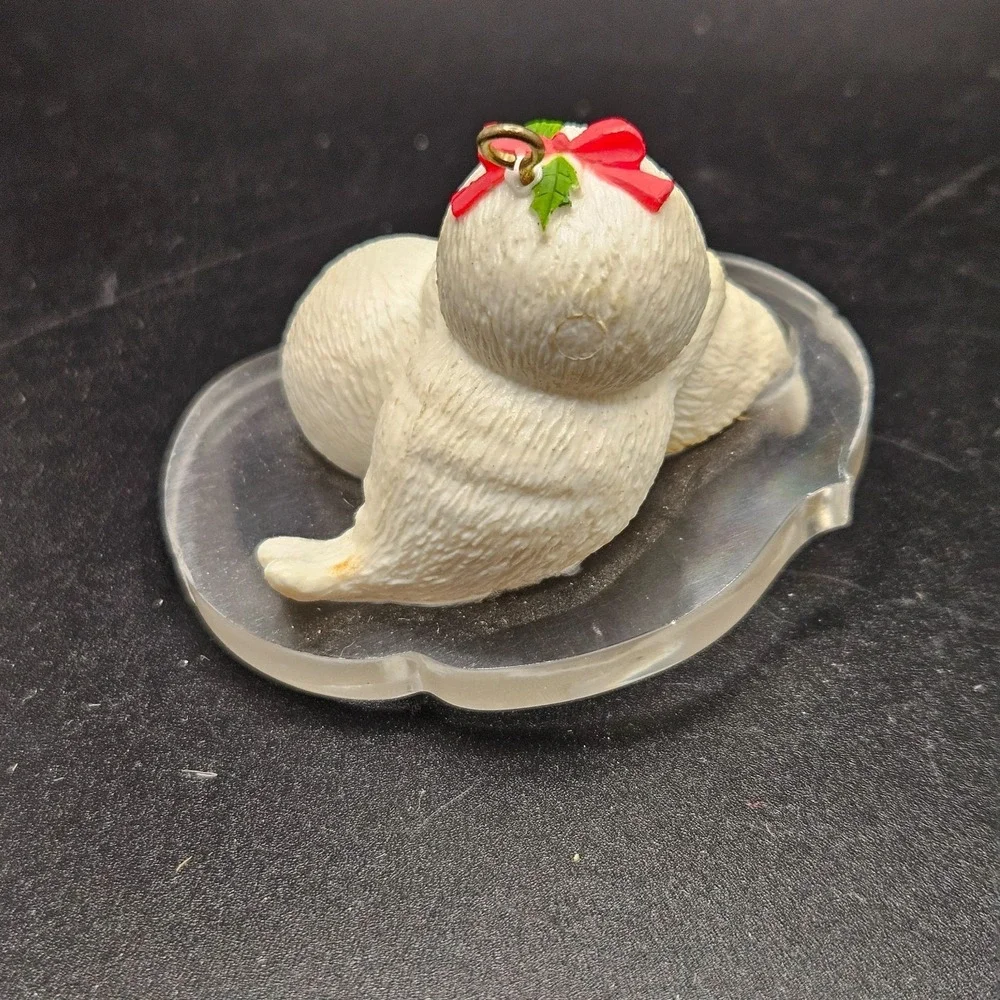 Vintage Christmas Seal Pup Ornament Polar Bear Cub Holly Bow Resin
